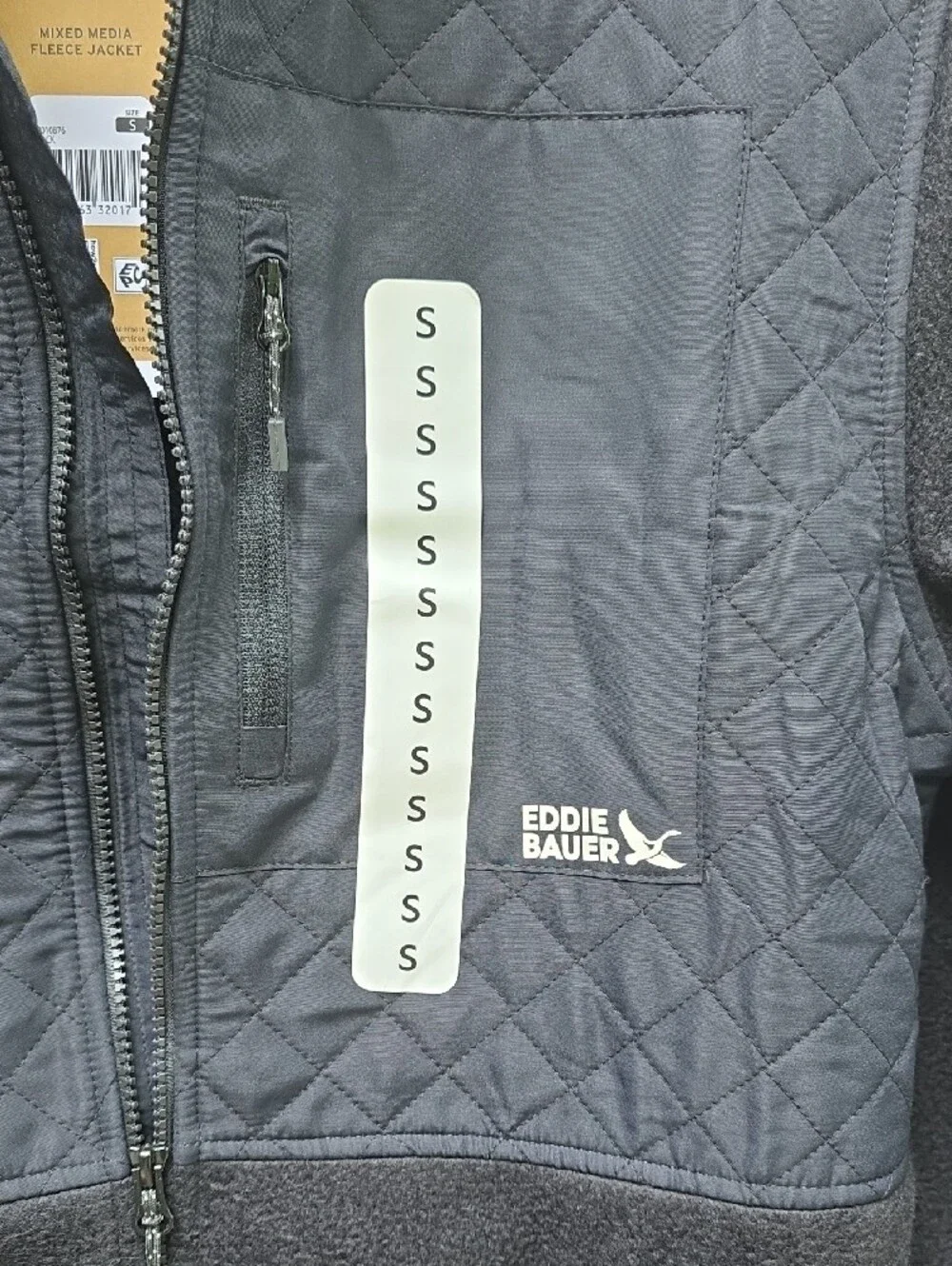NWT Eddie Bauer Black Quilted Mixed Media Fleece Zip Up Jacket Size Small